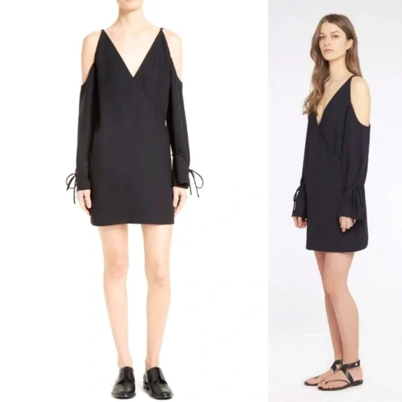 IRO Black Surplice Crepe Cold Open Shoulder Tie Flare Bell Wrist Mini Dress LBD - Picture 4 of 12